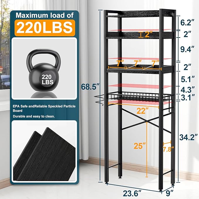 Over The Toilet Storage Cabinet,4 Tier Bathroom Organizer and Storage With Adjustable Shelf Waterproof Feet Pad and Basket Multifunctional Space Saver Freestanding Bathroom Shelves With Dividers Black