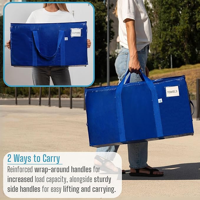 VENO 4 Pack Moving Bags, Upgraded Heavy Duty, Moving Boxes Alternative, Packing Storage Supplies for Dorm Room Essentials with Zipper for Clothes, Large Totes for Packaging (Blue, 4 Pack)