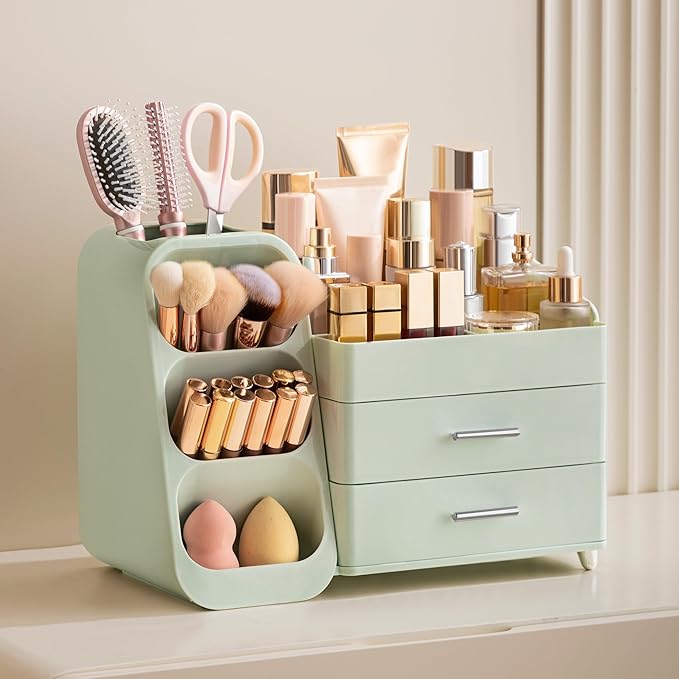 HBlife Makeup Organizer with Brush Holder for Vanity, Large Plastic Bathroom Countertop Organizer Skin Care Storage, Easy to Store Lipsticks, Nail Polishes, Perfumes, Eyeshadow Palettes, All Green