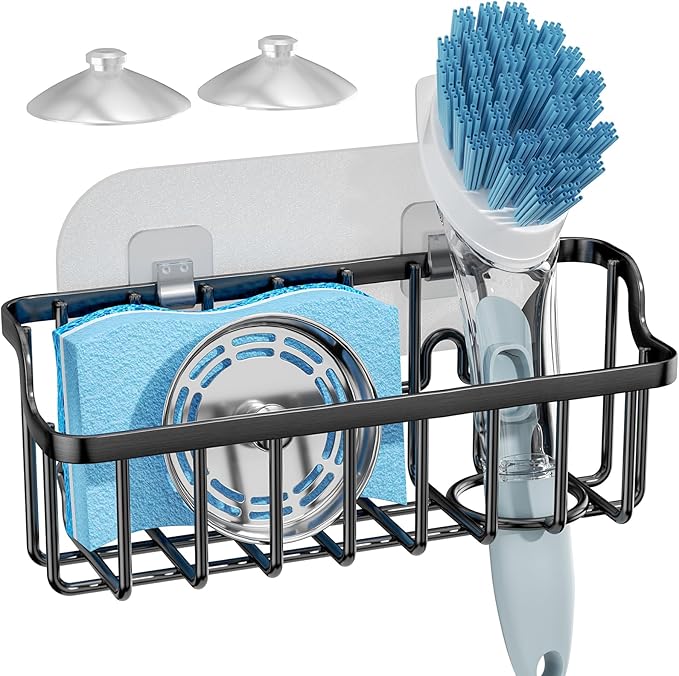 Consumest Sponge Holder Sink Caddy - Ladder Shaped Sponge Holder for Kitchen Sink with 2 Installation Ways (Suction Cups & Adhesive Hook), Rustproof Stainless Steel Kitchen Organizer, Black