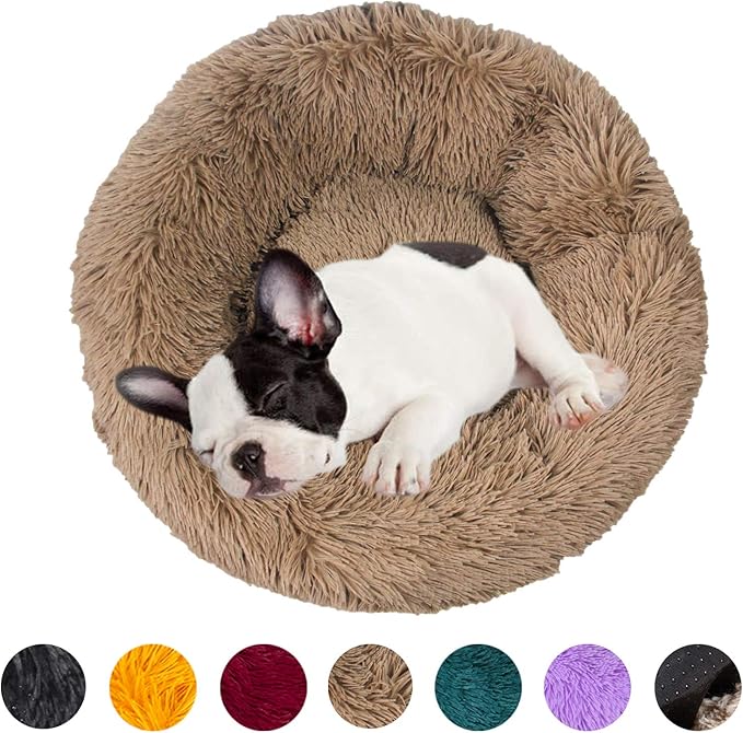 huraty Plush Dog Bed for Small Medium Dogs, Fluffy Donut Round Pet Cat Beds, Anti-Slip & Anti-Anxiety, 24 Inch for Puppy and Kitties, Khaki, M