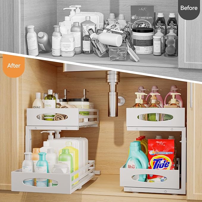 Under Sink Organizer, 2 Tier Under Sink Organizers and Storage, Adjustable Height, Slide out Metal Cabinet Organizers, Pull out Cabinet Storage Drawer Shelf for Kitchen Bathroom 2Pack