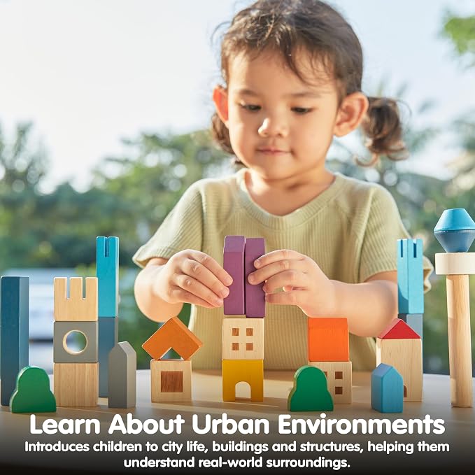PlanToys® Cityscape Blocks Wooden Montessori Building Imaginative Kids Set | shapes, buildings, construction toys, sorting & stacking toys, girls, boys, spatial STEM fine motor creative gift preschool