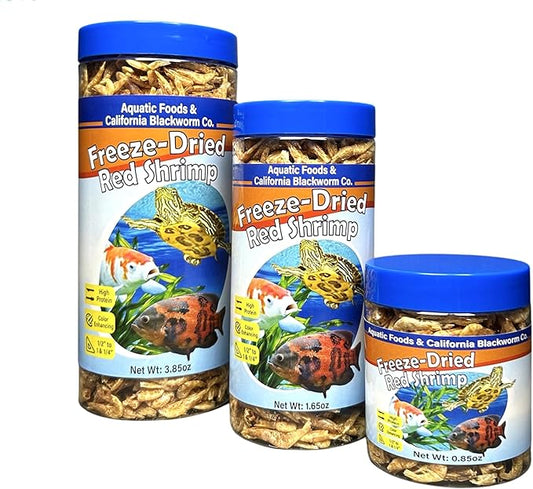 Aquatic Foods Inc. Red Shrimp, Freeze Dried 1/2" to 1 & 1/4" Floating Red River Shrimp for Cichlids, All Tropical Fish, Koi & Pond Fish, Aquatic Turtles, Reptiles, Rodents 2oz Canister