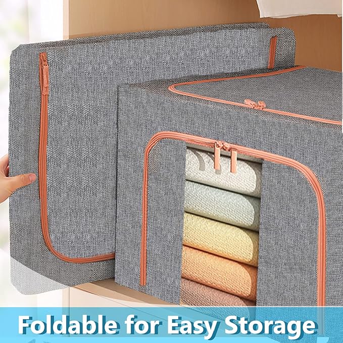 Extra Large Clothes Storage Bins with Metal Frame, Foldable Organizer for Home Organization, 2-Way Zipper, Clear Window Storage Bags for Clothes, Bedding, Seasonal Storage, 100L x 3Pack