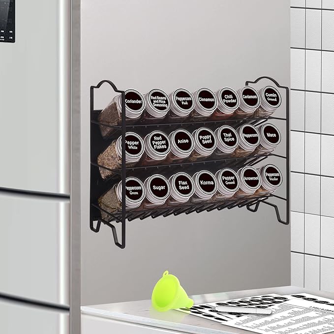 SWOMMOLY Magnetic Spice Rack for Refrigerator with 21 Spice Jars, 396 Spice Labels Set, 3 Tier Spice Rack Organizer for Cabinet, Countertop, Fridge, Pantry, Black