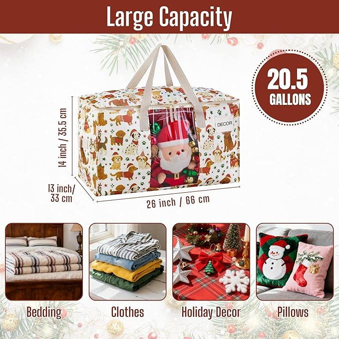 VENO 6 Pack Moving Bags, Large Christmas Storage Bins with lids, Packing Supplies for College, Alternative to Moving Boxes, Foldable, Heavy-Duty Tote, Christmas Pattern (Holiday Pups, 6 Pack)