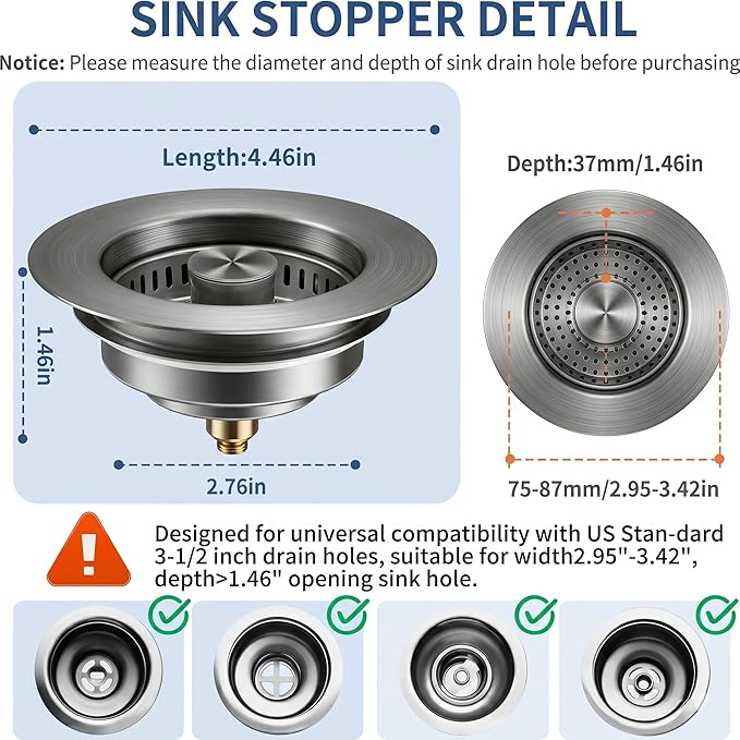 3-in-1 Kitchen Sink Drain Strainer and All-Purpose Sponges, Sink Stopper Pop-Up Drain Plug with Anti-Clogging Food Catcher Basket, Odor Blocker, Fits US Standard 3-1/2 Inch Sinks,Dish Sponges Safe