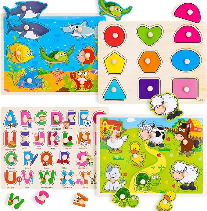 Wooden Peg Puzzles for Toddlers 3 4 Year Old, 4 Pack Montessori Toys Preschool Learning Puzzles for Toddlers with Animals, Shapes, Alphabet, Wooden Toddler Toys Gifts for Kids Boys Girls