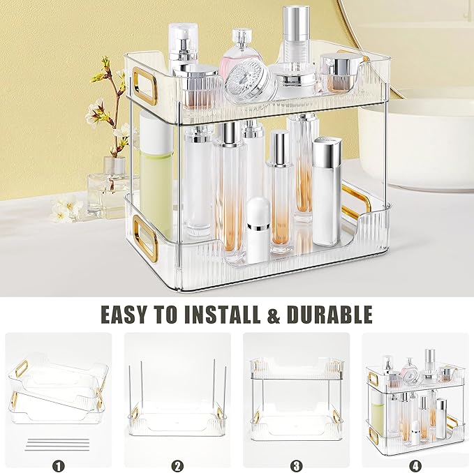 2-Tier Bathroom Counter Organizer Countertop Storage, Dresser Organizer Vanity Tray for Makeup, Perfume Organizer Cosmetics Skincare Shelf - Clear