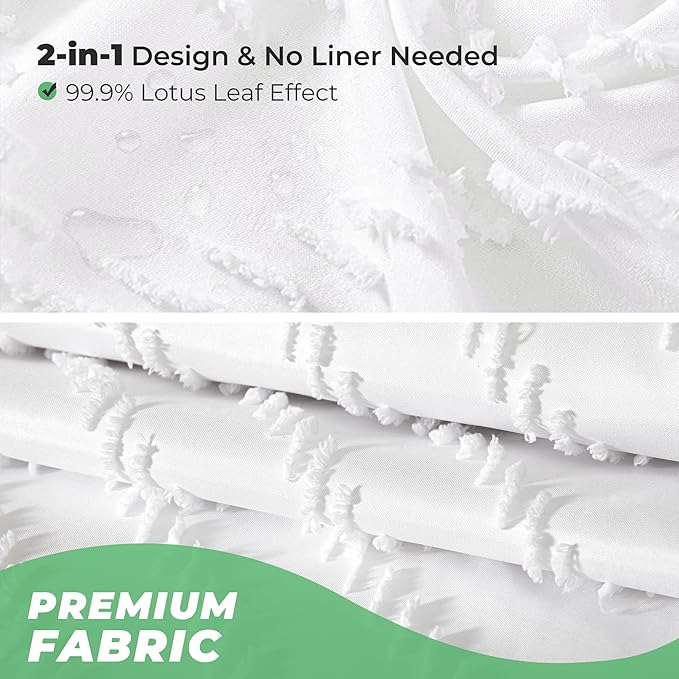 96inche Extra Long Shower Curtains 72 x 96 Inches White Tufted Chevron Striped Fabric Shower Curtains for Bathroom Modern Shabby Chic Waterproof Cloth Shower Curtain, White