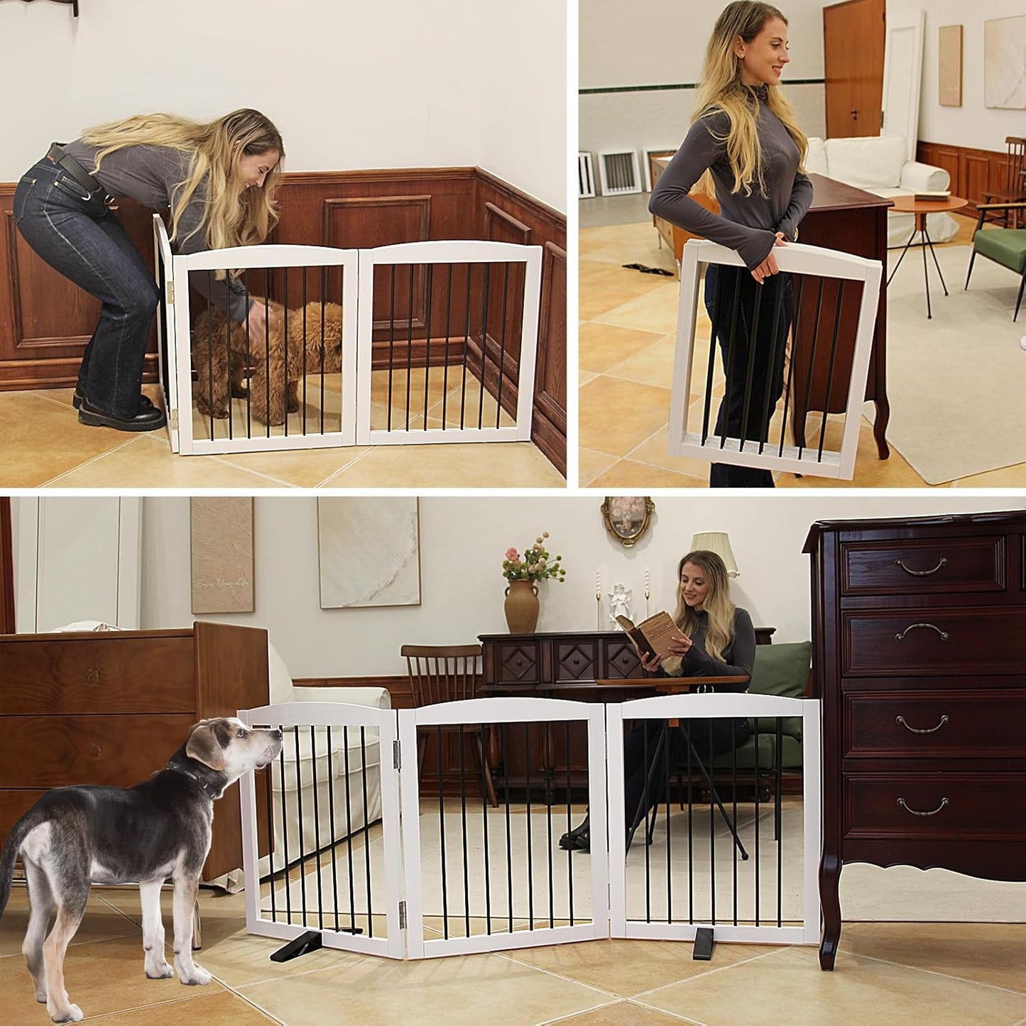 ZJSF Freestanding Panel Dog Gate for Indoor, Doorways,Stairs, or Hallways,Foldable Wooden White Dog Gates for House,Pet Gate for Dogs,Dog Fence, Puppy Gate,Support Feet Included,32 "Height-3 Panels