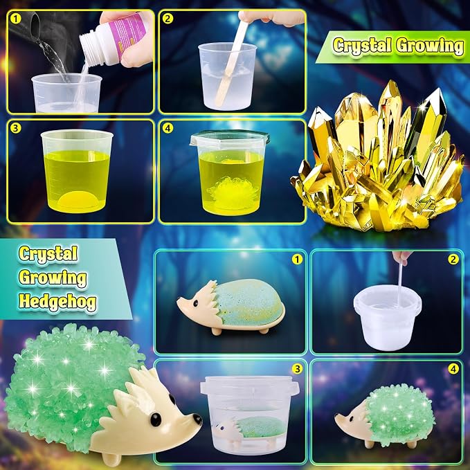 UNGLINGA Crystal Growing Kit for Kids, Grow 6 Vibrant Crystals Making Kit | Chemistry Experiments, Science, S.T.E.M Toys, Gifts Idea for Boys Girls, Crystal-Growing Tree, Hedgehog Crystal