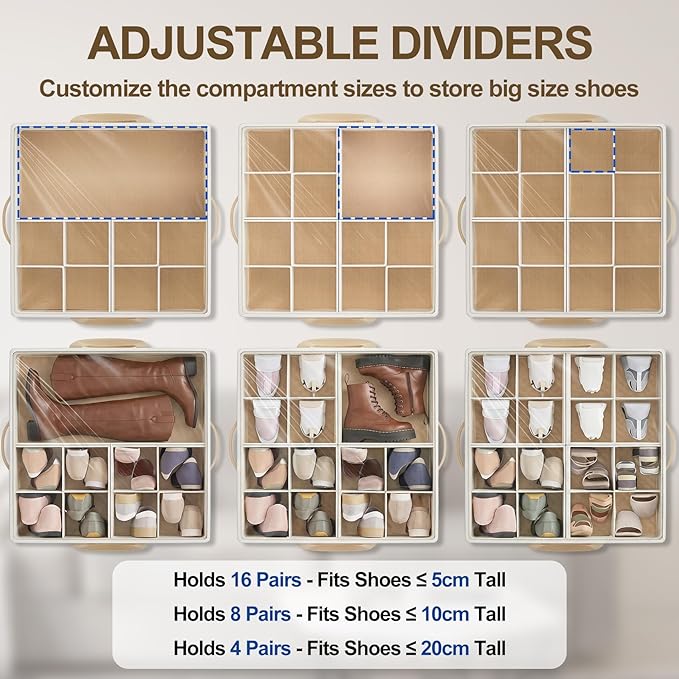 Large Shoe Organizer for Closet, Adjustable Dividers Shoe Storage Box Bins with Wheels Clear Cover Reinforced Handle Side Pocket Fits up to 16 Pairs, Foldable Shoe Organizer for Entryway Beige