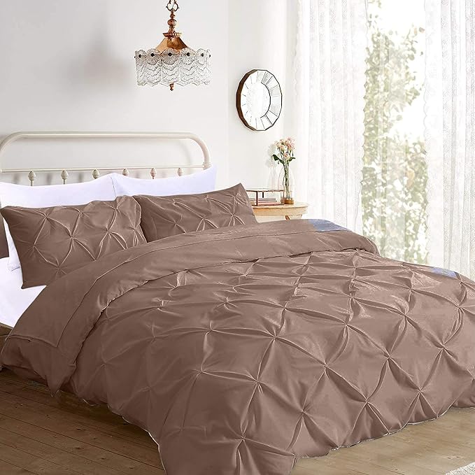 Pinch Pleated Duvet Cover Set 100% Cotton 3PC Queen Size 90x90 Duvet Cover Set, Decorative Pinch Design Taupe Duvet Cover with Matching Pillow Case