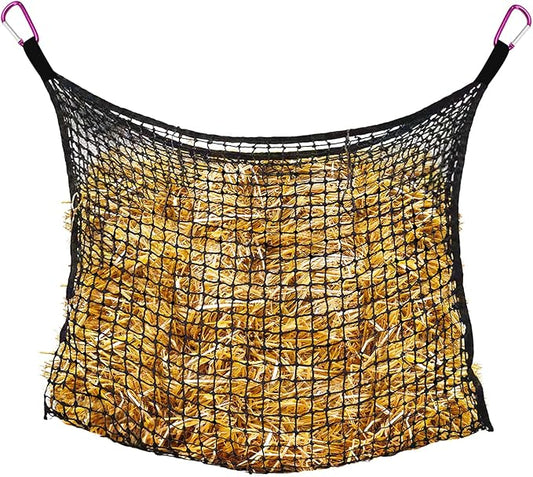 Bloomoak Ultra Slow Feed,Knotless Slow Feed Hay Net with 4 Carabiner Clips for Horses/Soft Flat Hanging Hay Bag with Large Capacity for Full Day Feeding (M 35 * 31", 1" Hole for Ultra Slow Feed)…