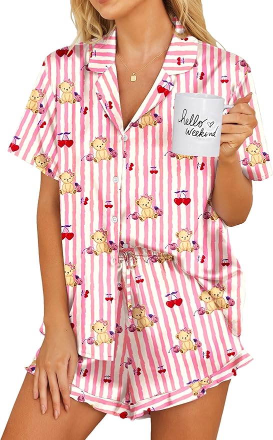 Ekouaer Womens Satin Pajamas Set Button Down 2 Piece Silk Pjs Shorts Set Ruffle Lingerie Notch Collar Sleepwear