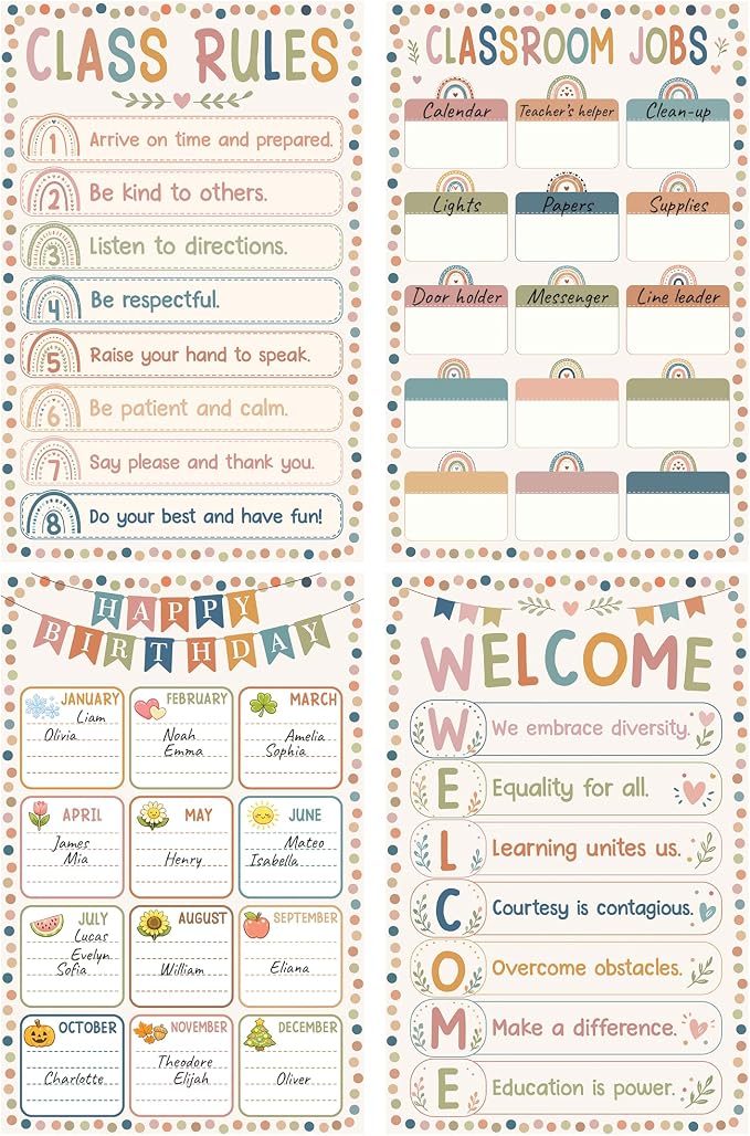 Classroom Jobs & Classroom Rules Poster Set, 4 Classroom Posters Elementary with Birthday Chart & Welcome Poster, Preschool Posters Laminated Style, Classroom Decor for Kindergarten Teacher