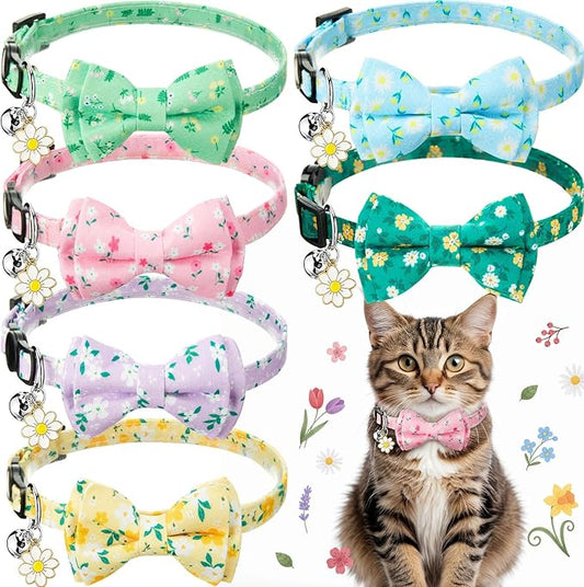 Hsei 6 Pcs Spring Cat Collars Bulk with Bow Tie Bell Breakaway Flowers Floral Daisy Kitten Adjustable Safety Bowtie Cute Collars for Small Dogs Pet Holiday Party Favors Gifts