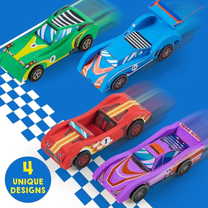 Klever Kits 4 DIY Wooden Race Cars-Build & Paint Your Own Wood Craft Kit, 4 Race Cars Toy, Easy to Assemble Arts Crafts Kit, Birthday Party Presents for Kids Boys and Girls