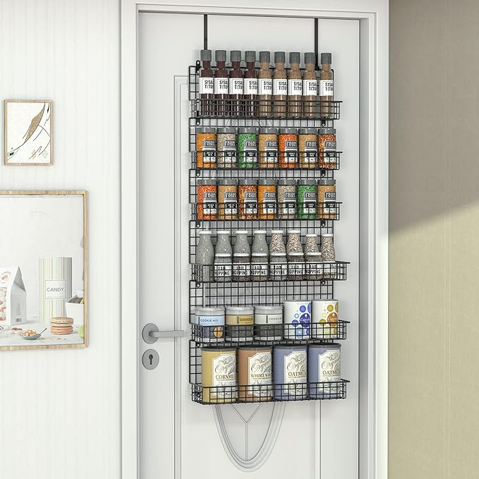 JKsmart 6-Tier Spice Rack Organizer with Door Hook, Wall Mounted & Over the Door Spice Racks for Kitchen Pantry Door Cabinet, Two Size, Large Capacity, Black