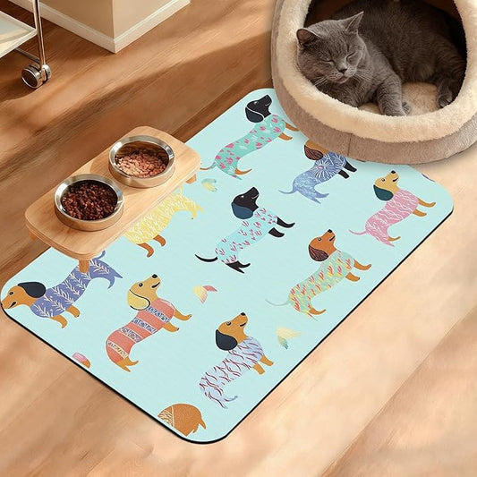 Dachshund Dog Cat Food Mat,Absorbent Waterproof Placemat for Food and Water Non Slip Rubber Backing Durable Feeding Pad for Clean Floors 16" x 24"