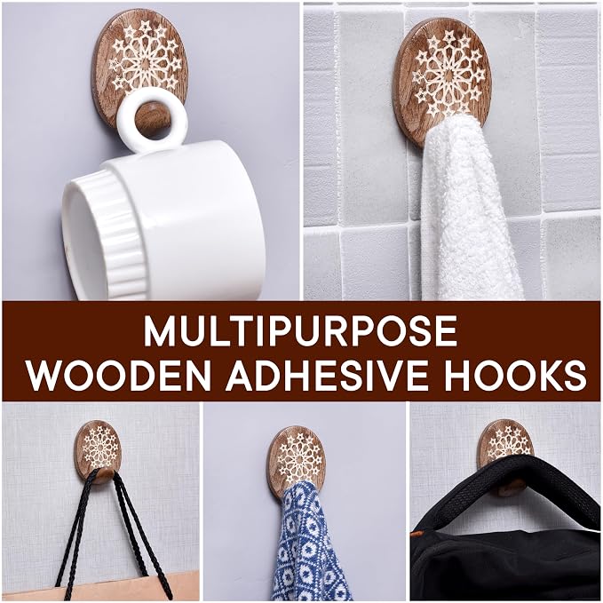 IndianShelf 6 Lb- 24 Pieces Decorative Wood Adhesive Wall Hooks–Boho Peel and