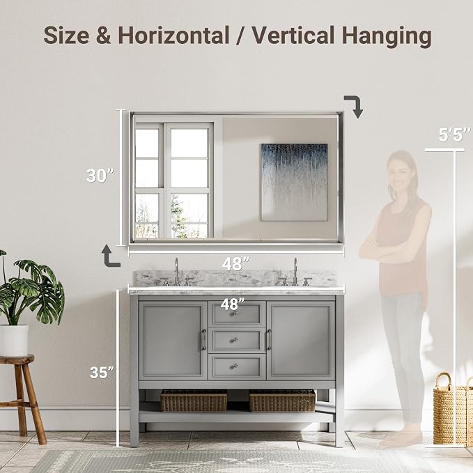 48 x 30 Beveled Bathroom Mirror, Shatterproof Rectangle Mirror, Metal Framed