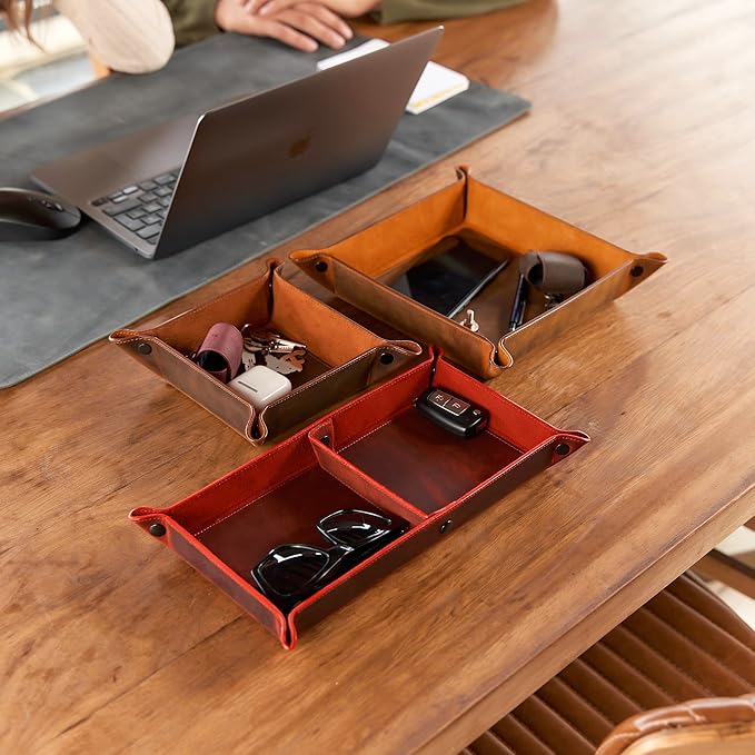 Handmade Leather Catch All Tray, Customizable Handcrafted Genuine Leather Valet Tray and Organizer for Keys, Phones, Jewels, Coins, Rectangular, Red