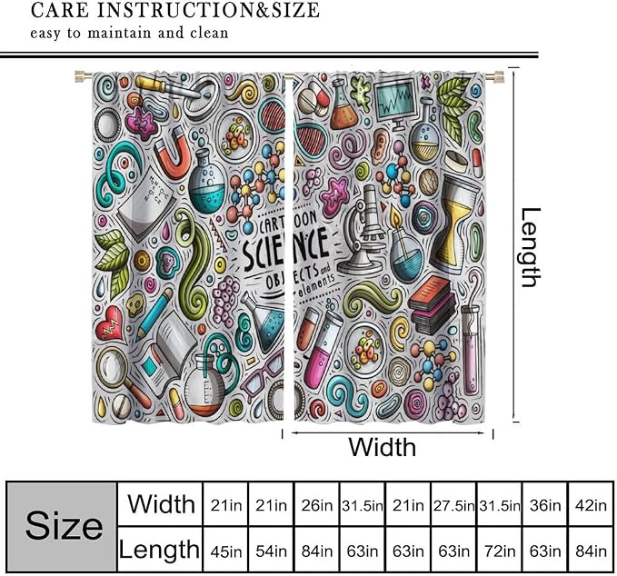 Science Symbols Kids Curtain Sketches Cartoon Chemistry Physics Geometry Education Pattern Print Window Drapes for Bedroom Living Room Kitchen Decor,2 Panel Set,72x63 Inch Blackout