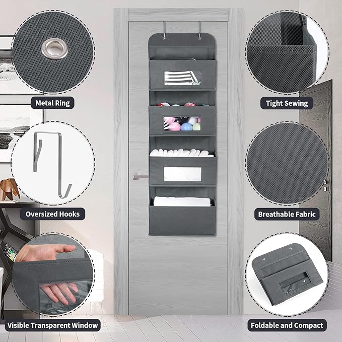 MAX Houser 4-Shelf Over The Door Hanging Organizer with 2 Metal Hooks,4 Pocket Over The Door Wall Mount Storage with Clear Windows for Baby Nursery Bathroom Closet,Bedroom,Dorm,Diapers,Kids Toys(Gray)