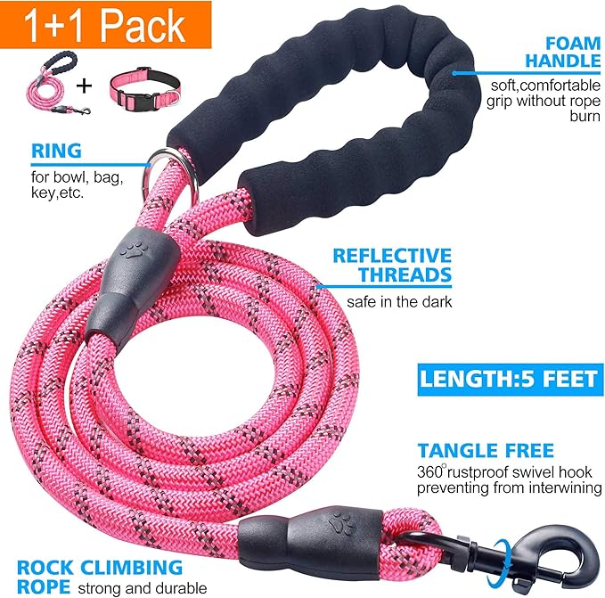 Reflective Dog Collar Padded with Soft Neoprene Breathable Adjustable Nylon Dog Collars for Small Medium Large Dogs (X-Small (Pack of 1), Pink Collar+Leash)