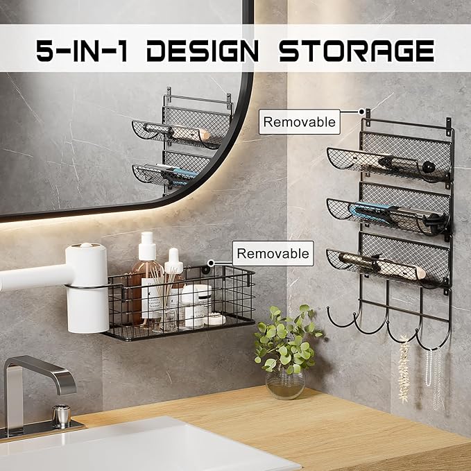 Wall-Mounted Hair Dryer Holder Styling Tool Organizer 4-Shelf Storage Wire Basket with Hook Heat Safe Rack for Hair-Straighteners,Curling Wands,Flat Iron,Perfume,Cabinet Door Bathroom Kitchen
