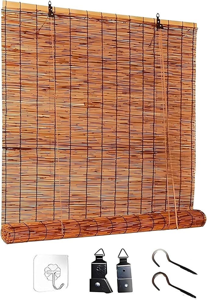 Blackout Bamboo Roller Shades for Outdoor Patio Reed Roll Up Blinds 24" 36" 48"