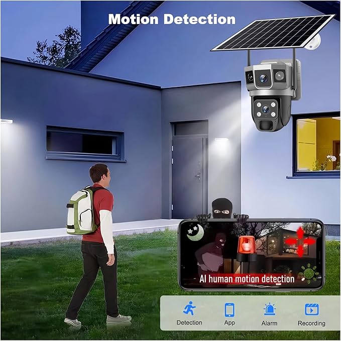 for Outdoor Camera Battery CCTV Monitor 4G SIM Card Network IP Security Pet Camera Motion Detection 3 Screen PTZ Camera(4G CCTV 32G Card)