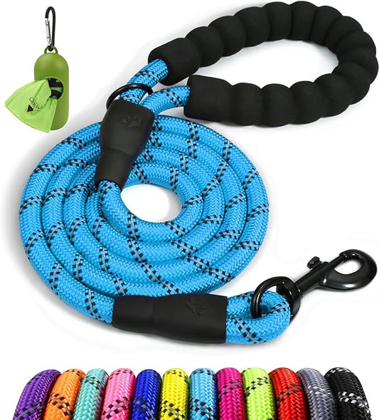 Taglory Rope Dog Leash 4 FT with Comfortable Padded Handle, Highly Reflective Threads Leash and Anti-Tangle Clip for Walking Medium Large Dogs, 1/2 inch, Blue