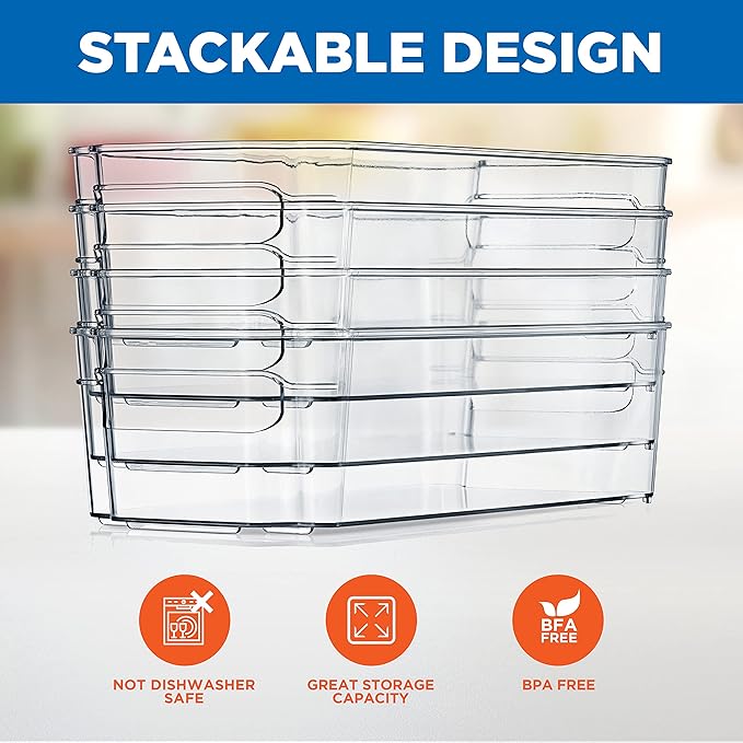 NutriChef Set of 8 Refrigerator Bins-4 Wide and 4 Narrow Stackable Fridge Organizers for Freezer, Kitchen, Countertops, Cabinets-Designed with Practical Carry Handles and Interior, 8 containers, Clear