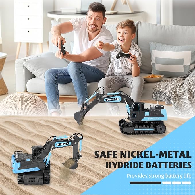 DOUBLE E Remote Control Excavator Toy RC Excavators Rechargeable Battery Digger Hydraulic Construction Toys Vehicles Xmas Gift for Boys Girls Kids 3-14 Years，Gray-Blue