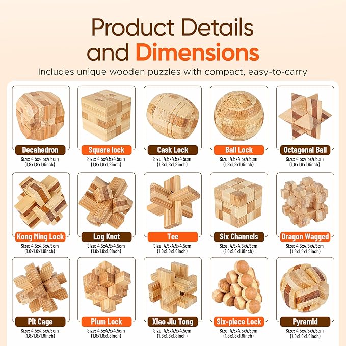 Wooden Brain Teaser Puzzles, 12pcs 3D Brain Teasers for Adults Teens Kids, Logic Mind Puzzle Box Lock Toy Removing Assembling Gift Set, Small Unique IQ Hand Puzzles