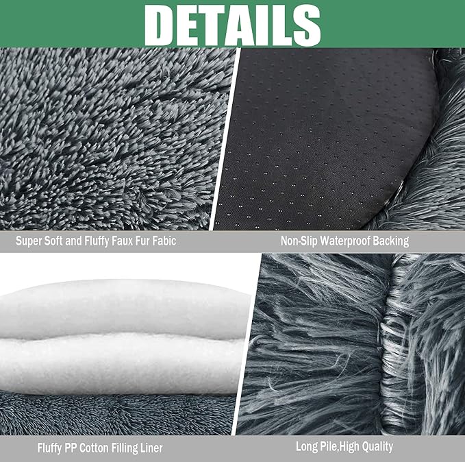 Calming Faux Fur Dog Beds Calming Donut Cuddler Dog Bed Washable Round Cat Bed Pillow Cuddler Fluffy Indoor Dog Calming Beds with Anti Slip Bottom Solid Color Dark Grey 27 Inch