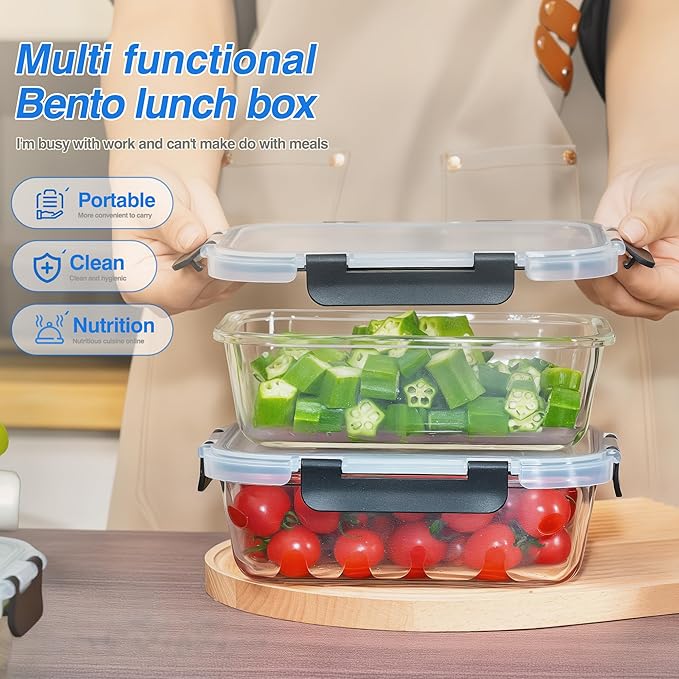 5-Piece Set, 36 oz Glass Meal Prep Containers with Snap-Lock Lids, Airtight Lunch Containers, Microwave, Oven, Refrigerator & Dishwasher Safe,Black