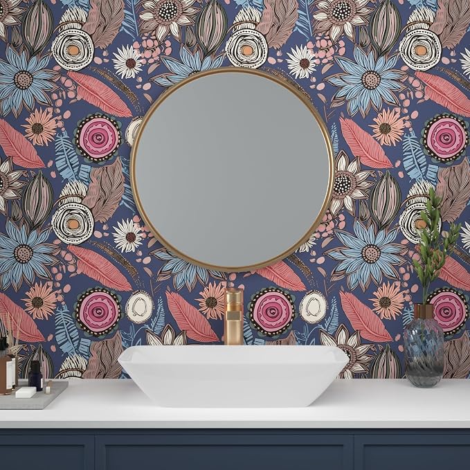 Blue Pink Wallpaper Peel and Stick, Vintage Boho Floral Contact Paper 17.5" x