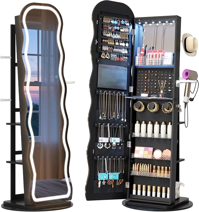 Vlsrka LED Mirror Jewelry Cabinet Standing, 360° Swivel Jewelry Aromire Organizer with Wavy Mirror, Lockable Jewelry Mirror with Storage, Jewelry Cabinet, Interior Mirror, Flodable Shelf, Black