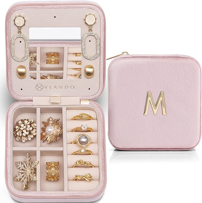 Vlando First Mothers day Gifts for New Mom, M Initial Travel Jewelry Case, Small Jewelry Travel Case, Personalized Travel Mini Jewelry Case, Birthday Gifts for Women Mom Grandma - Letter M, Pink