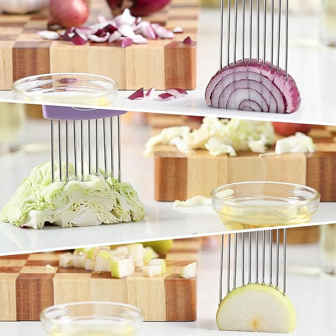 2PCS Onion Slicer Holder, JJOO Stainless Steel Onion Cutter for Slicing and Storage Onions, Tomato, Eggs and Vegetables, Protective Cover Included, Dishwasher Safe (Stylish orange+ Purple Color)