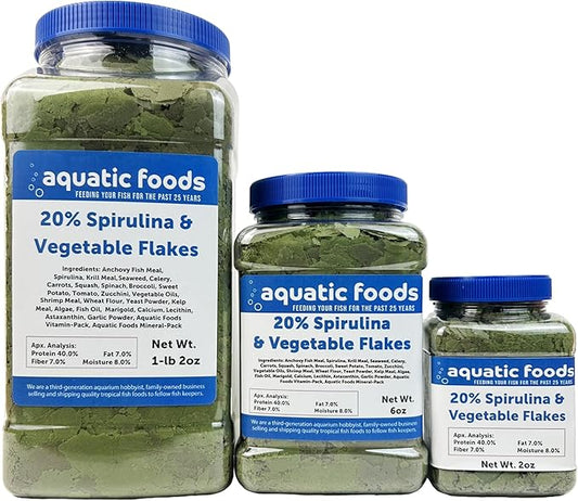 Aquatic Foods Inc. Premium Spirulina & Vegetable Flakes with 20% Spirulina for African Cichlids, Angle Fish, All Tropical Fish Also Pellet Mix, Wafer Mix Included…1-lb 2oz