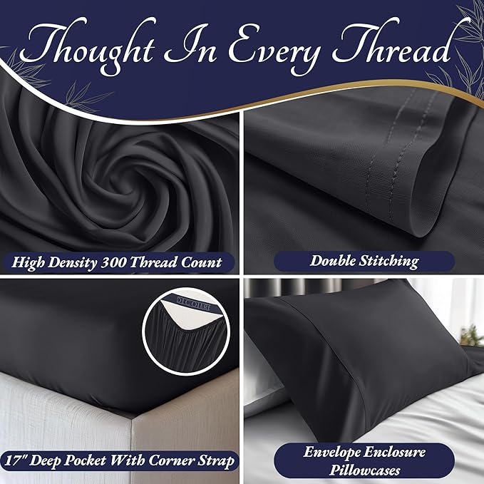 DECOLURE 100% Viscose Derived from Bamboo Sheets Twin Size 3pcs - Ultra Soft & Luxuriously Cooling, 17" Deep Pocket, Double Stitching, Perfect for Hot Sleepers - Twin Bed Sheets (Charcoal)