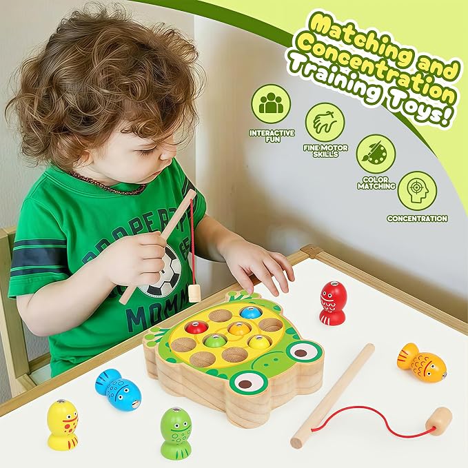 Wooden Fishing Games for Kids 3+,Montessori Magnetic Toys Early Fine Motor Skills Learning Color Sorting & Hand-Eye Coordination Magnet Game Easter Basket Stuffers for Kids Boys Grils