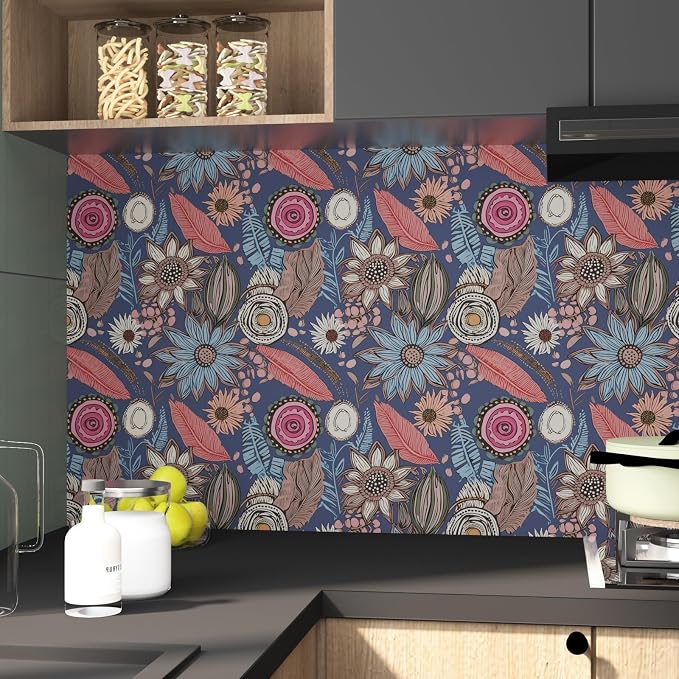 Blue Pink Wallpaper Peel and Stick, Vintage Boho Floral Contact Paper 17.5" x