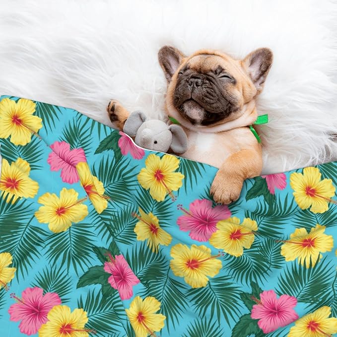 Reversible Plush Dot Pet Blanket for Dogs and Cats, Hawaii Tropical Floral Plants, Ultra Soft Two Sided Design with Warm Fuzzy Side and Smooth Side for Comfort